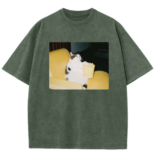 Cool Popcorn Cat Washed T-shirt - Image 3