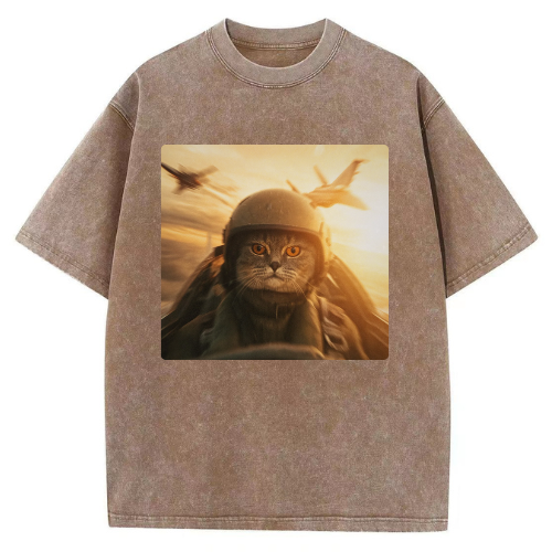 Flying Combat Cat Washed T-shirt - Image 4